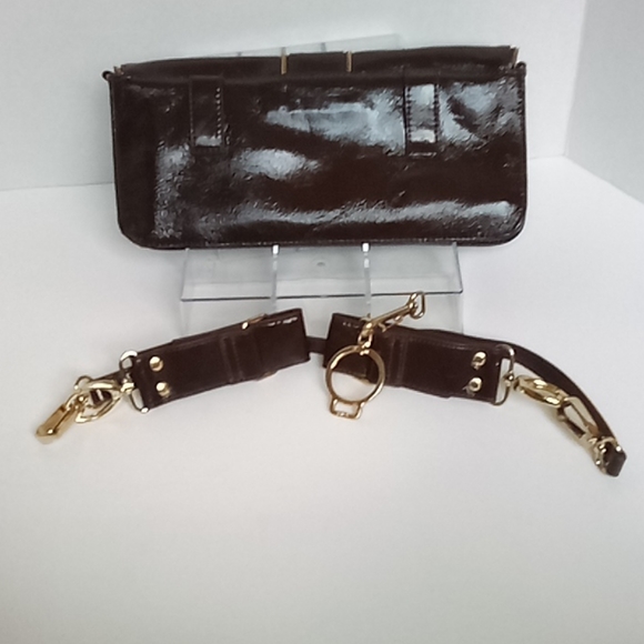 Brown Patent Leather Clutch Bag with Bow and Strap - Picture 6 of 9